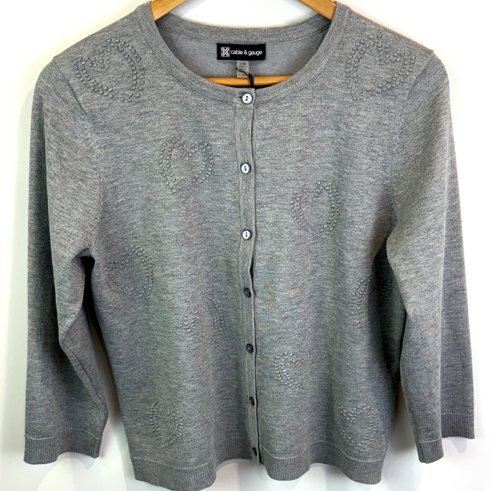 NWT Cable and Gauge Gray Knit Cardigan with hearts size L